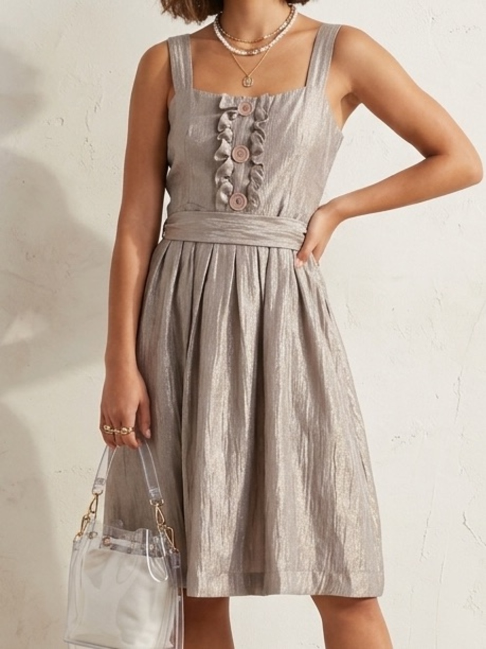 NWT Valerie Dumaine Button a-line Dress Silver Medium